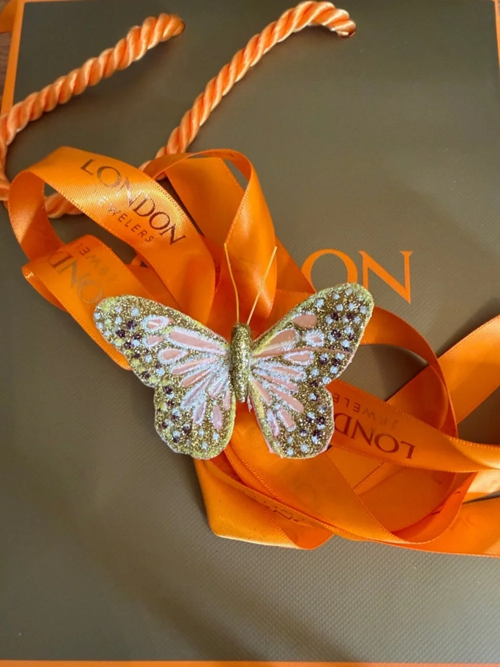 London Jewelers Gift Bag & Box -  Gold Orange butterfly ribbon bag paper box